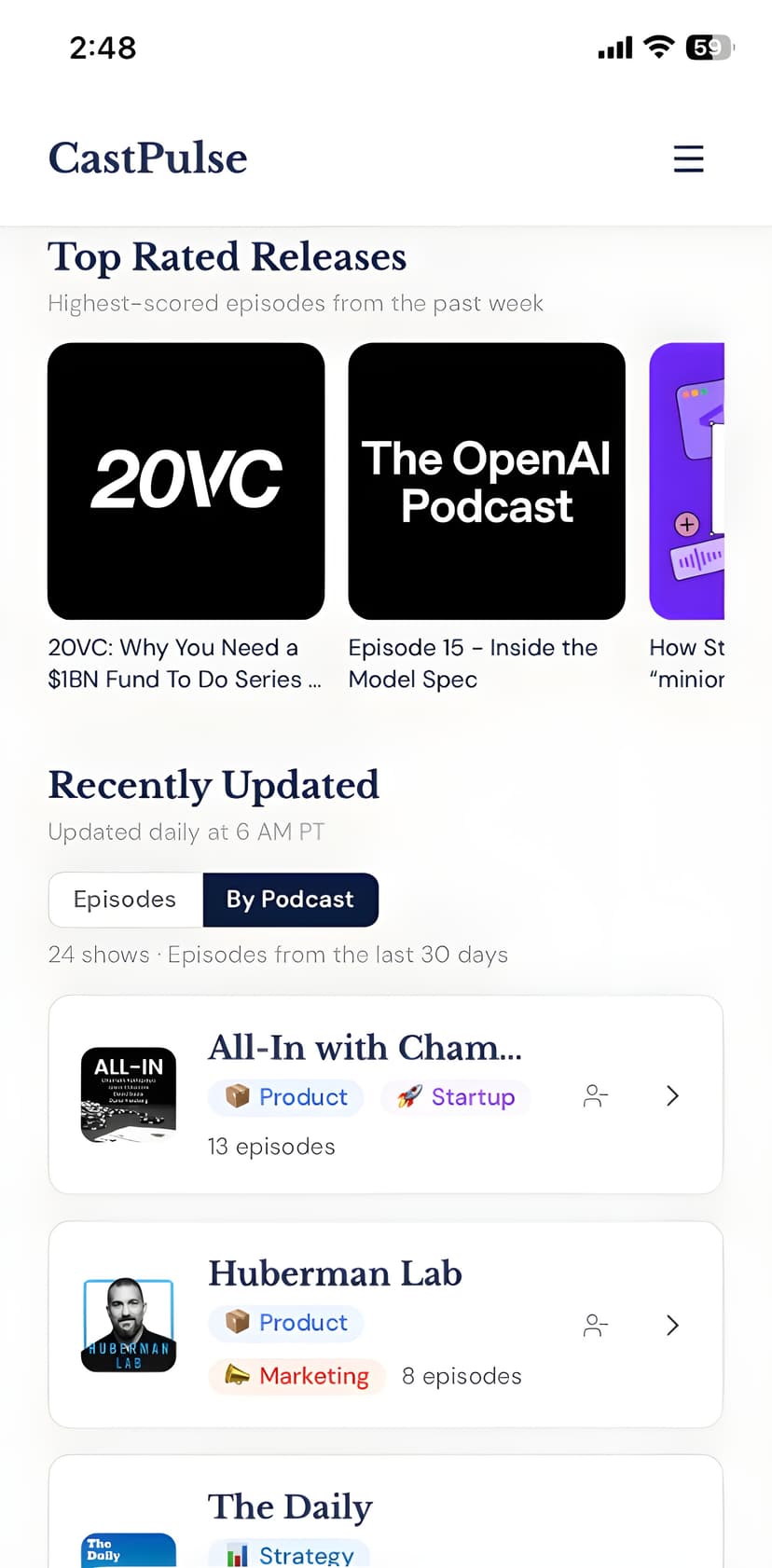 CastPulse app — home screen with top rated releases and podcast library