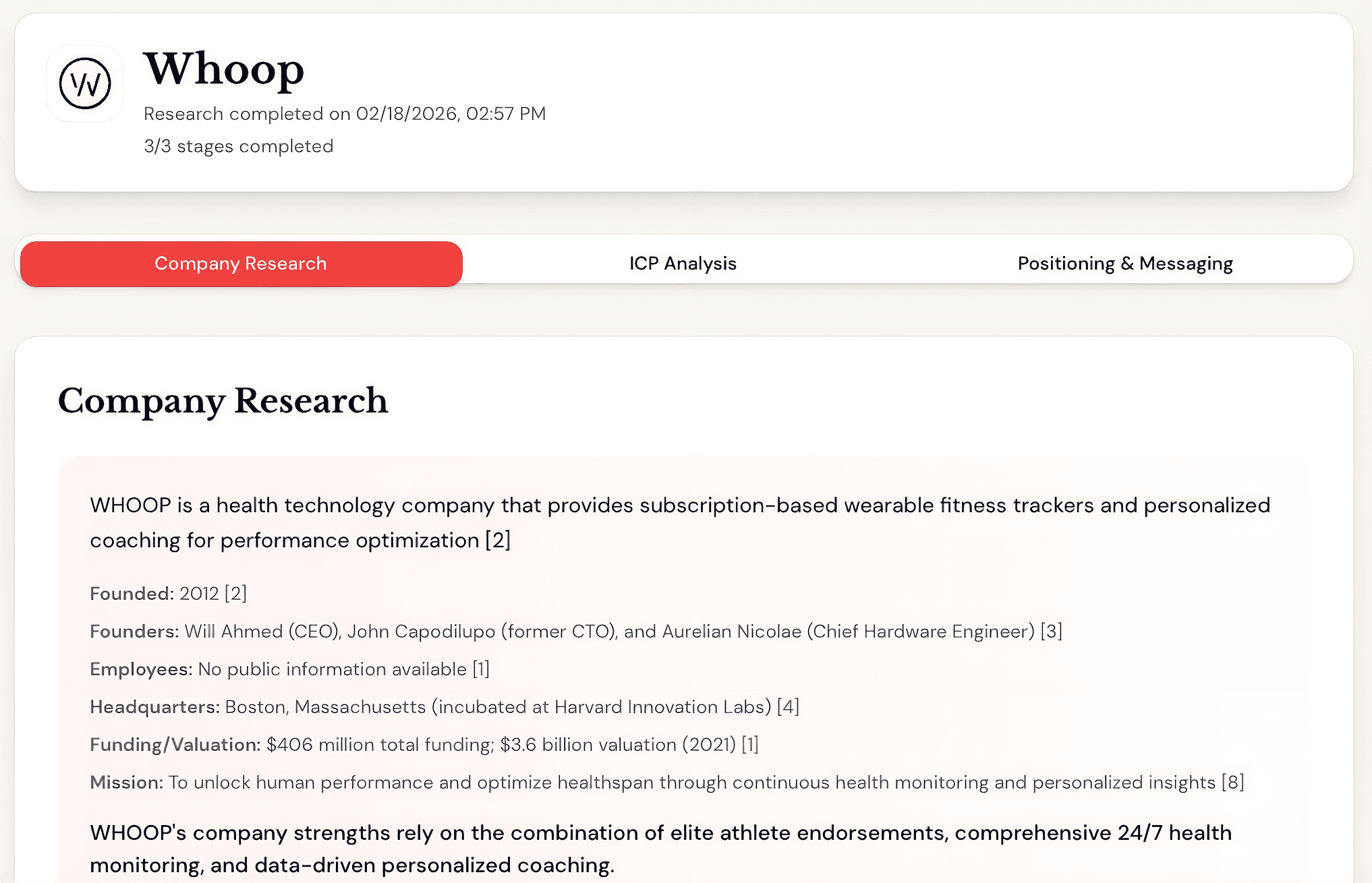 Swellpulse AI research tool — WHOOP company research output